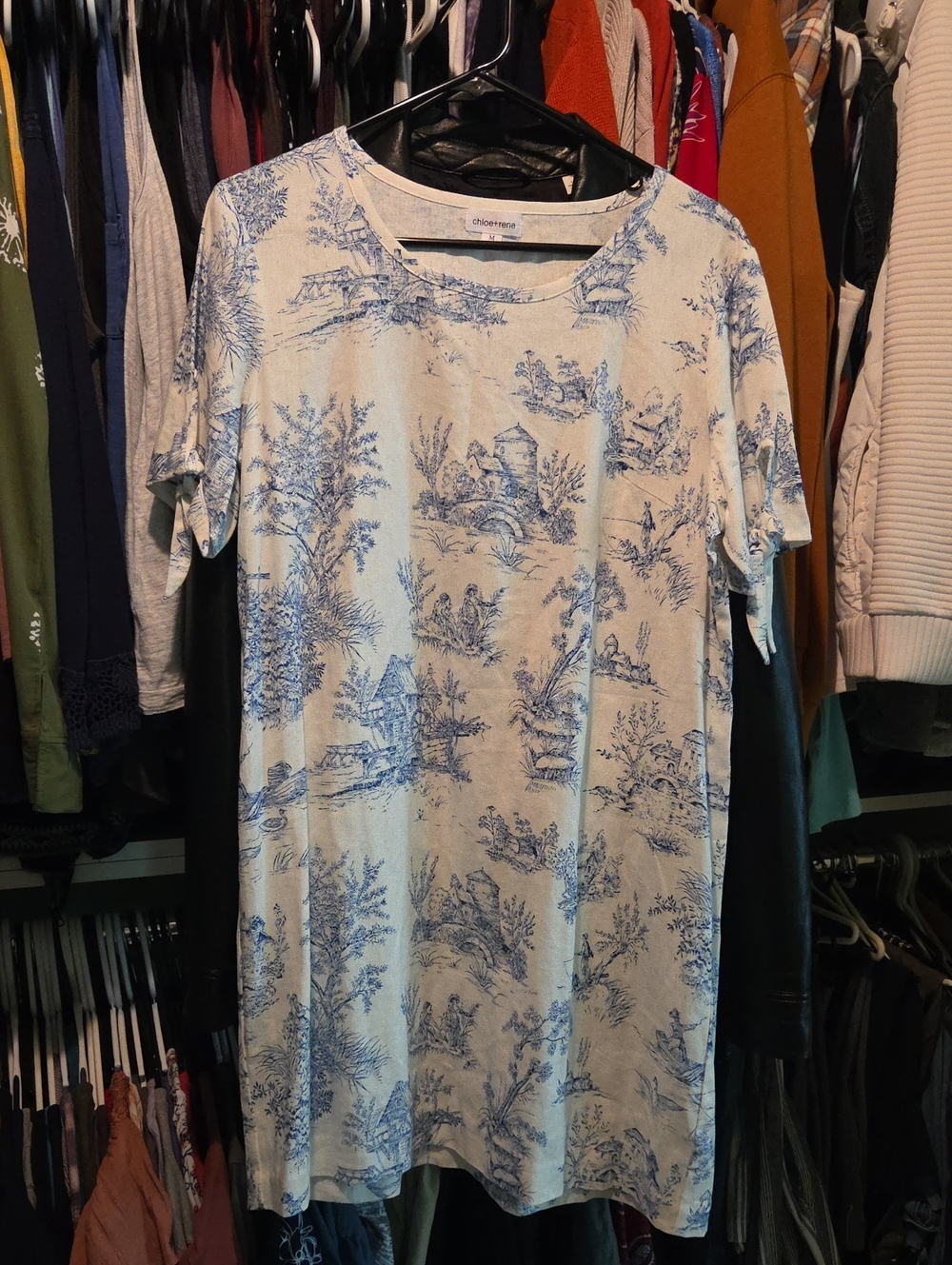 Toile Print Midi T-Shirt Dress in Blue by Chloe + Rene